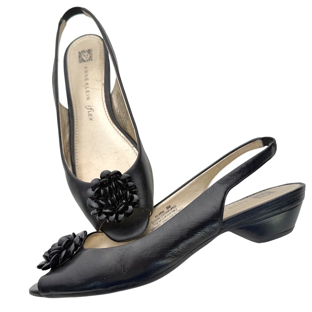 Anne Klein Black Slingback Low Heel Pumps with Flower Accent